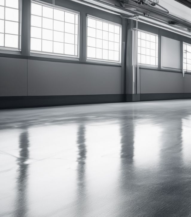 Ein leerer Lagerraum mit Industrieboden und großen Fenstern, der eine helle und offene Atmosphäre vermittelt.